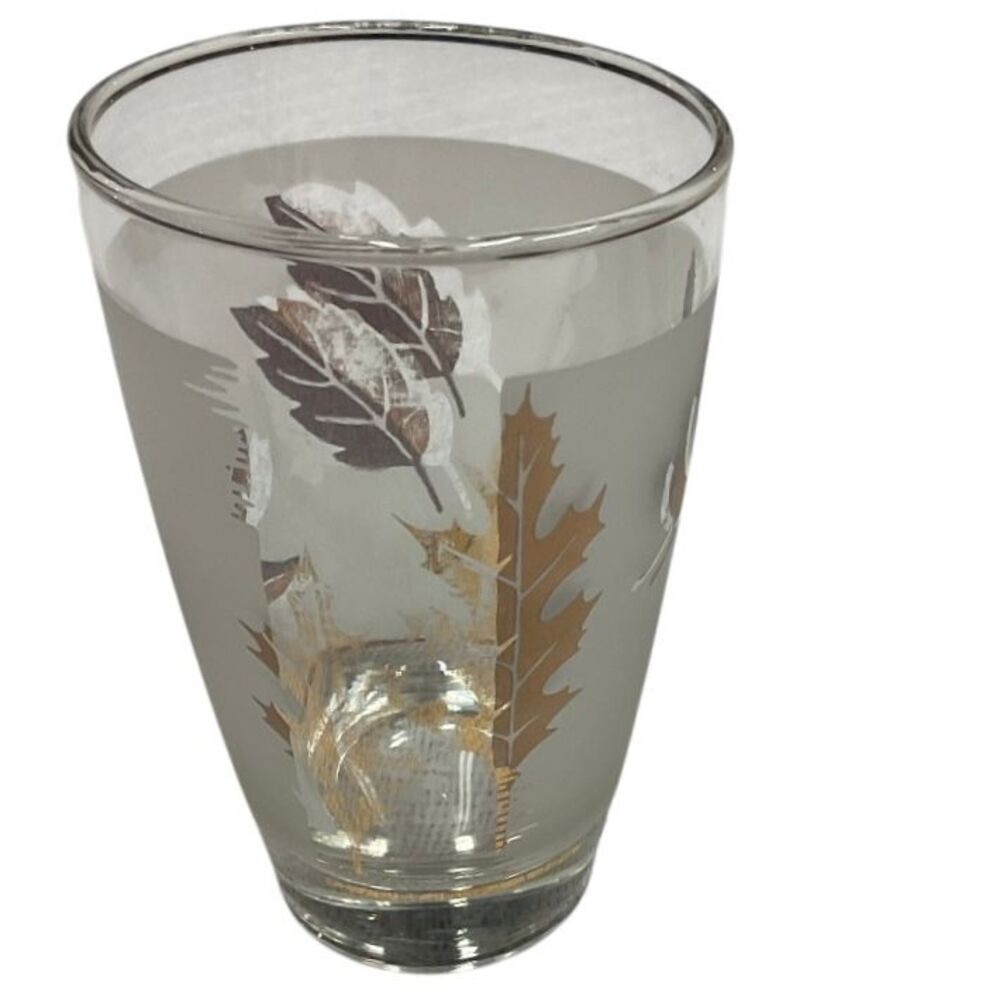 Vintage Frosted Glass Tumbler with Gold & Silver Leaf Pattern Fall Autumn MCM - Picture 4 of 9